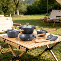 Ensemble de 9 casseroles et poêles en marbre antiadhésives avec poignée en bois, compatibles induction