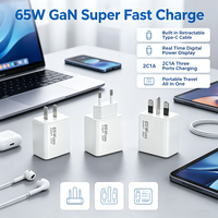 Chargeur mural GaN 65W en promotion avec câble Type C rétractable intégré, affichage numérique intelligent, 3 ports PD QC, charge rapide, prises US EU UK