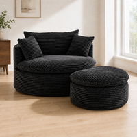 Canapé de sol rond moderne en velours côtelé noir avec ottoman, fauteuil paresseux sans cadre tout en mousse, assise douce pour salon