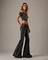 Jeans en denim délavé décontracté à volants style rétro américain pour femmes