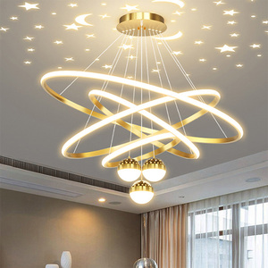 Décoration d'intérieur, lampe suspendue à 4 anneaux pour plafond haut, acier, LED, ronde, moderne, aluminium, style nordique, lustre de luxe, luminaire suspendu pour restaurant - Product Image 1