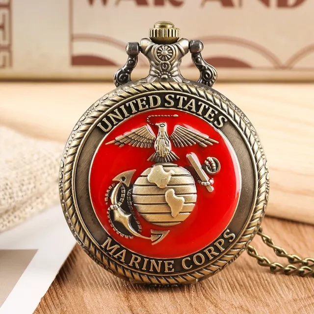 Vintage United State Marine Corps Theme Quartz Pocket Watch Fashion Red Souvenir Pendant Necklace Chain Watch Top Gifts