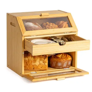 Kitchen Countertop Bamboo Bread Bin Modern Bread Keeper with Clear Windows Wooden Bread Boxes with Drawer Storage