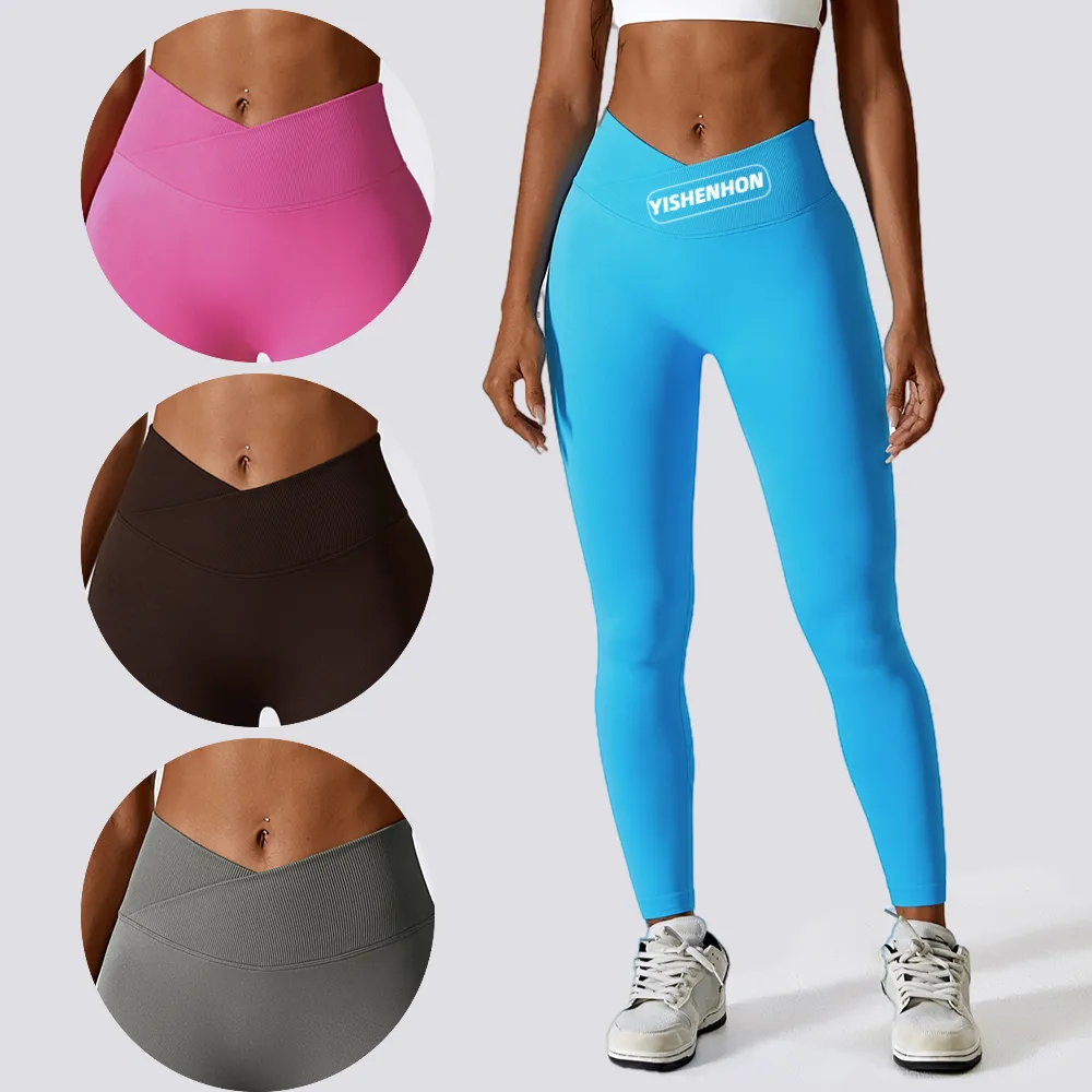 YISHENHON Logotipo Personalizado Ginásio Fitness Workout Nude Calças Macias Push Up Scrunch Butt V Forma Cruz Cintura V Cut Yoga Leggings para As Mulheres