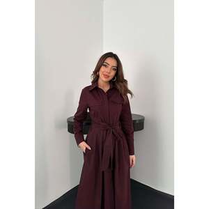 ชุดเดรสทำงานผ้าป๊อปลินขายส่ง พร้อมดีเทลกระดุมสีพลัม - Product Image 3