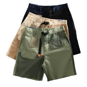 厂家批发编织斜纹绿色搭配可调节皮带有机棉实用口袋男士短裤