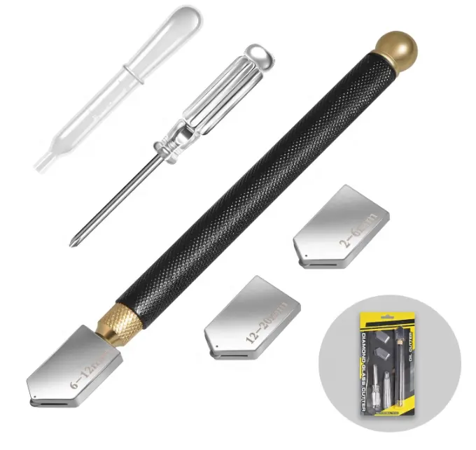 Glass Cutter Tool Set 2mm-20mm Pencil Style Oil Feed Carbide Tip with 2 Bonus Blades and Screwdriver