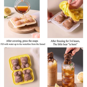 Moule à glaçons en silicone 3D en forme d'ours avec couvercle entonnoir, qualité alimentaire, démoulage facile, 4 cavités, pour whisky, cocktails et fêtes - Product Image 4