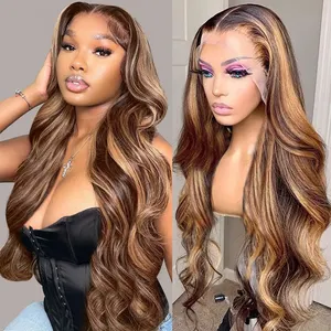 Natrual Black Blonde Highlights Wig Mix Color Body Wave Curly Pre Plucked Hd Transparent Lace Front Raw Virgin Human Hair Wigs