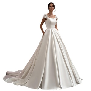 Simple Satin Wedding Dress Square Collar Natural Waistline Short <b>Train</b> For Wedding Beach <b>Outdoor</b> Hotel - Product Image 4