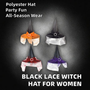 หมวกแม่มดฮาโลวีนสำหรับผู้หญิงขายดีหมวกแม่มดสีดำผ้าโพลีเอสเตอร์ลูกไม้ตาข่ายหัวเข็มขัดพ่อมดสำหรับงานเทศกาลปาร์ตี้ FL1333เฟย์ - Product Image 2