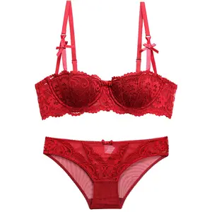 Haut de gamme vigne Jacquard dentelle soutien-gorge ensemble Sexy femmes sous-vêtements ensemble 1/2 demi-tasse soutien-gorge et culotte ensemble