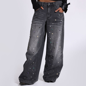Jean vintage unisexe de haute qualité, personnalisé, entièrement orné de strass, taille mi-haute, respirant, coupe ample, jambe large, en denim délavé - Product Image 1