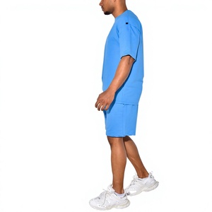 Ensemble 2 pièces pour homme, t-shirt et short bleu uni, col rond, décontracté, respirant, en coton tricoté, pour l'été - Product Image 2