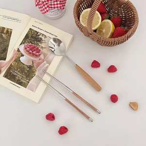 Juego de Palillos y Cuchara de Acero Inoxidable y Madera de Bambú, Redondos, de Color Sólido, Utensilios de Camping Portátiles, Empaque Individual - Product Image 2