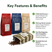 Sacs à café personnalisés en PET/VMPET/PE recyclables, finition mate, 250g, 500g, 1kg, avec fermeture éclair et valve unidirectionnelle