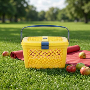 Yellow <b>Plastic</b> Vintage Picnic Basket <b>Lid</b> Handle Rectangular Storage <b>Bin</b> for Laundry Colorful Ventilated Design Fruit Bread - Product Image 1
