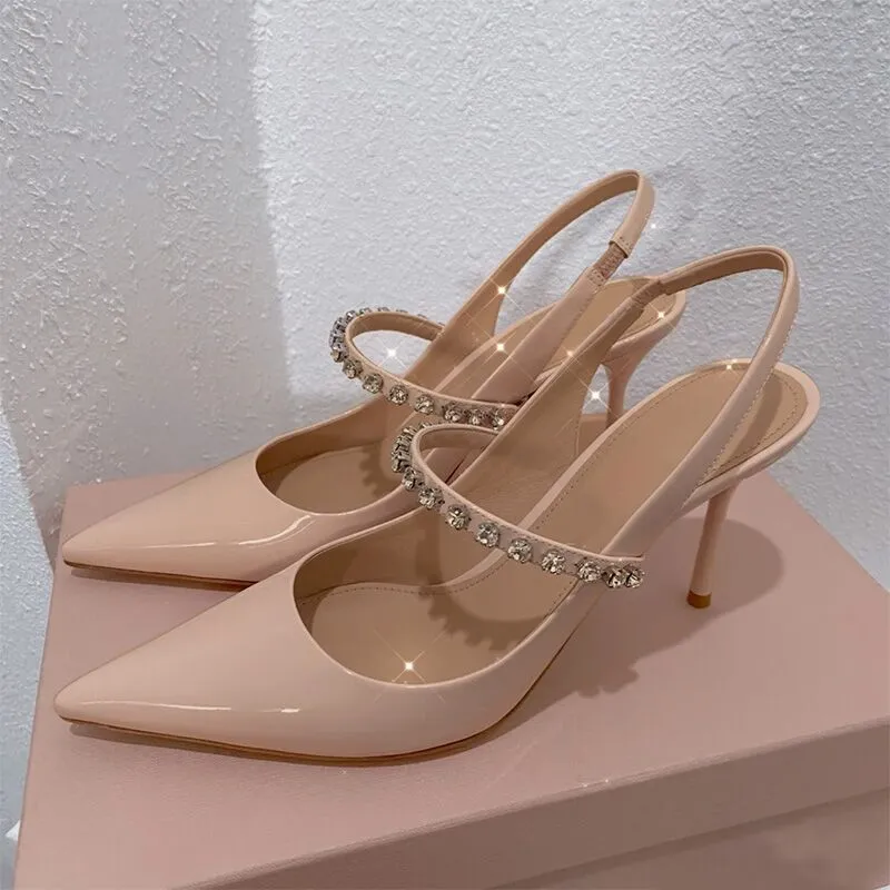 Quality Design Rhinestone High-heeled Shoe Women Stiletto Pointed Toe Back Empty Sandals Elegant Medium-heel Sandals For Ladies