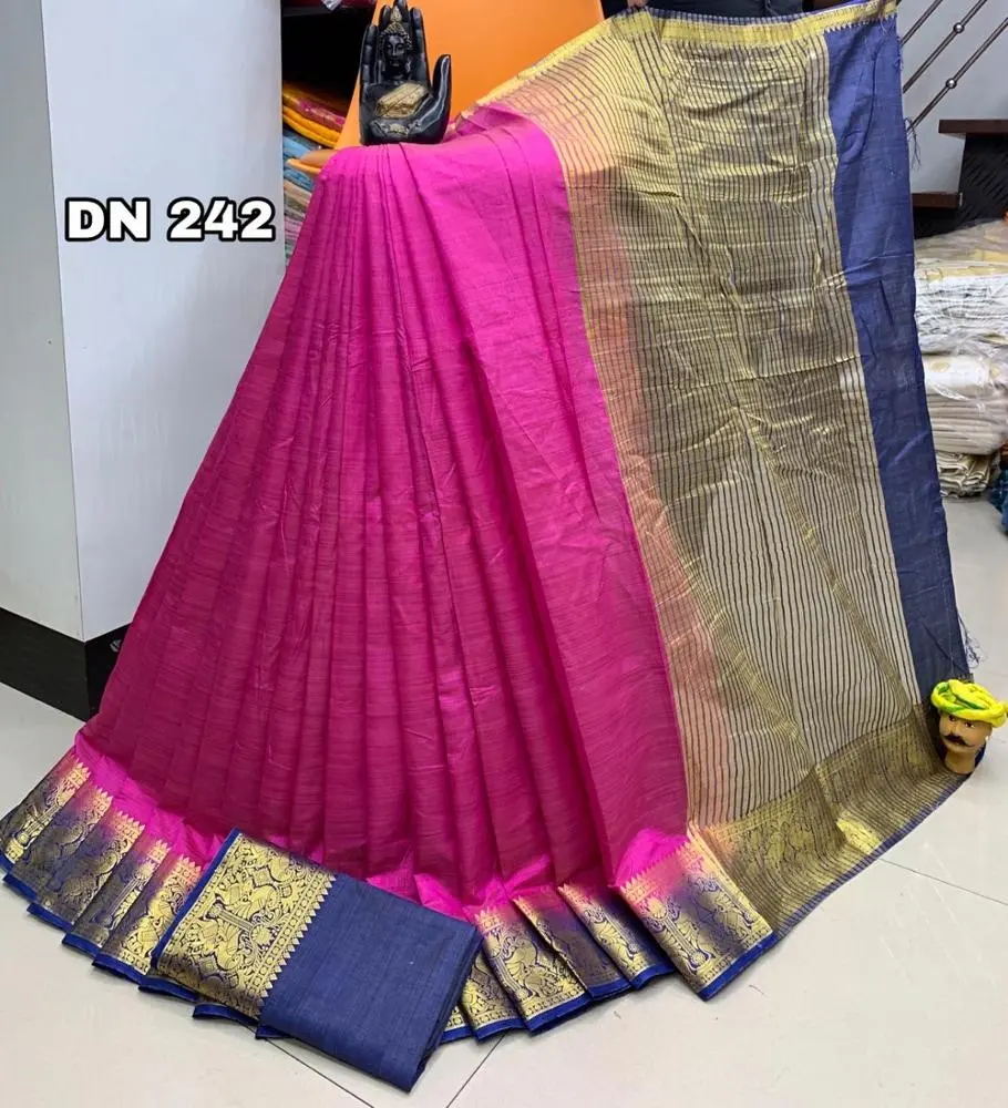 Tusser seda de sari con borde en contraste | Surat Saree