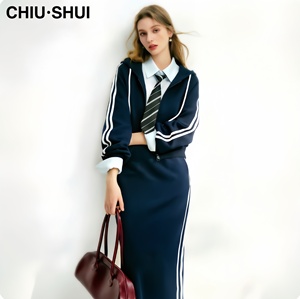 CHIU SHUI Women's Contrast Striped Tracksuit Set Zip-Up Hoodie and Midi Skirt Two-Piece Casual Spring Terry <strong>Outfit</strong> - Product Image 1