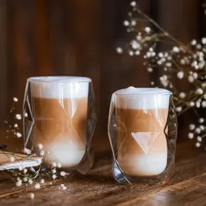 Berisware OEM Factory tazze da caffè Espresso a forma di diamante tazza di vetro di vendita calda tazza di vetro da 250ml/350ml tazza di vetro a doppia parete da 11.8 once