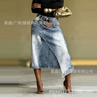 Nouvelle collection automne 2026 – Jupe midi en jean bleu délavé pour femme, taille haute, avec empiècements superposés, ourlet asymétrique, décontractée, élégante et chic pour le quotidien