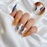 Vente en gros de faux ongles à presser, motifs géométriques abstraits, formes Stiletto et Amande, couleurs Orange et Teal, pour marque privée