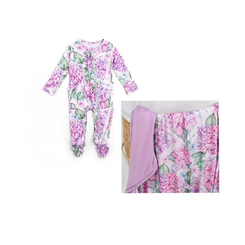 2023 Custom Ruffle Floral print Summer girl pigiama 95% Bamboo viscosa double zipper way baby girl pagliaccetto con coperta