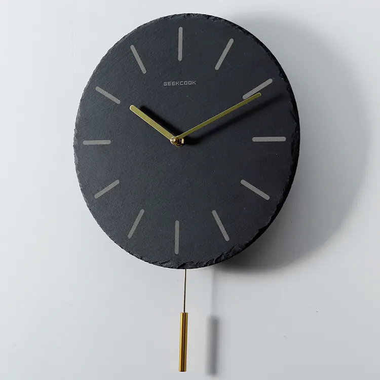 Factory Direct Natural Black Round Stone Slate Wall Clock for decoration