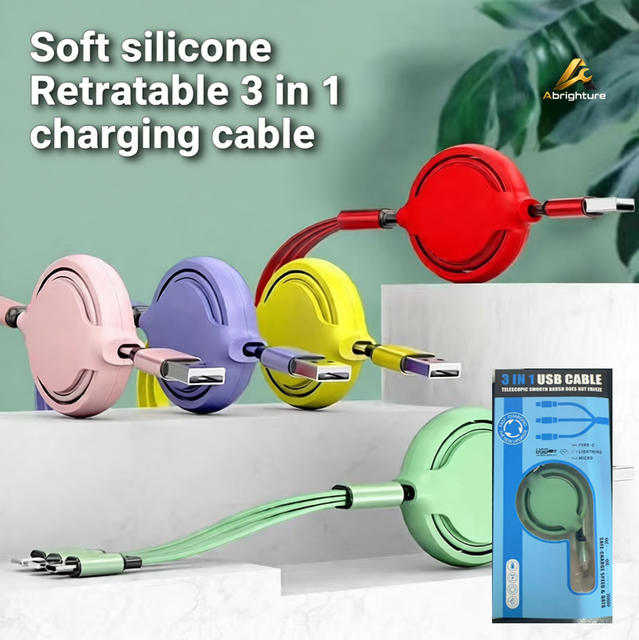 3 in 1 Retractable USB Charging Cable Liquid Silicone Round Phone Charger Cord Portable With Retail Package for Travel and Gift