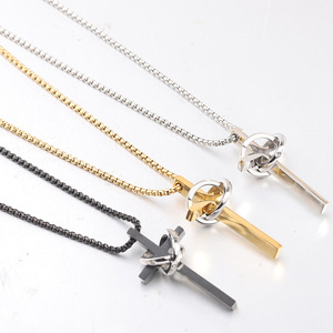 Stainless Steel <b>Cross</b> Pendant Necklace 18mm Double Ring Design For Women Daily Wear - Product Image 5