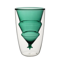 Tasse en verre borosilicate à double paroi LaKotto 280 ml, résistante à la chaleur, motif sapin de Noël, couche intérieure verte, compatible micro-ondes