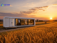 Maison capsule spatiale extensible moderne avec balcon et terrasse, conçue pour les hôtels de villégiature et les vues sur la montagne
