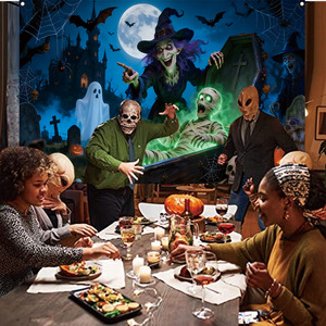 Striscione Happy Halloween, Sfondo per Foto con Zucca Notturna, Fantasma, Castello, Tombe, Decorazione 2D da Appendere per Feste, Giardino, Cortile, Casa, Club - Product Image 1