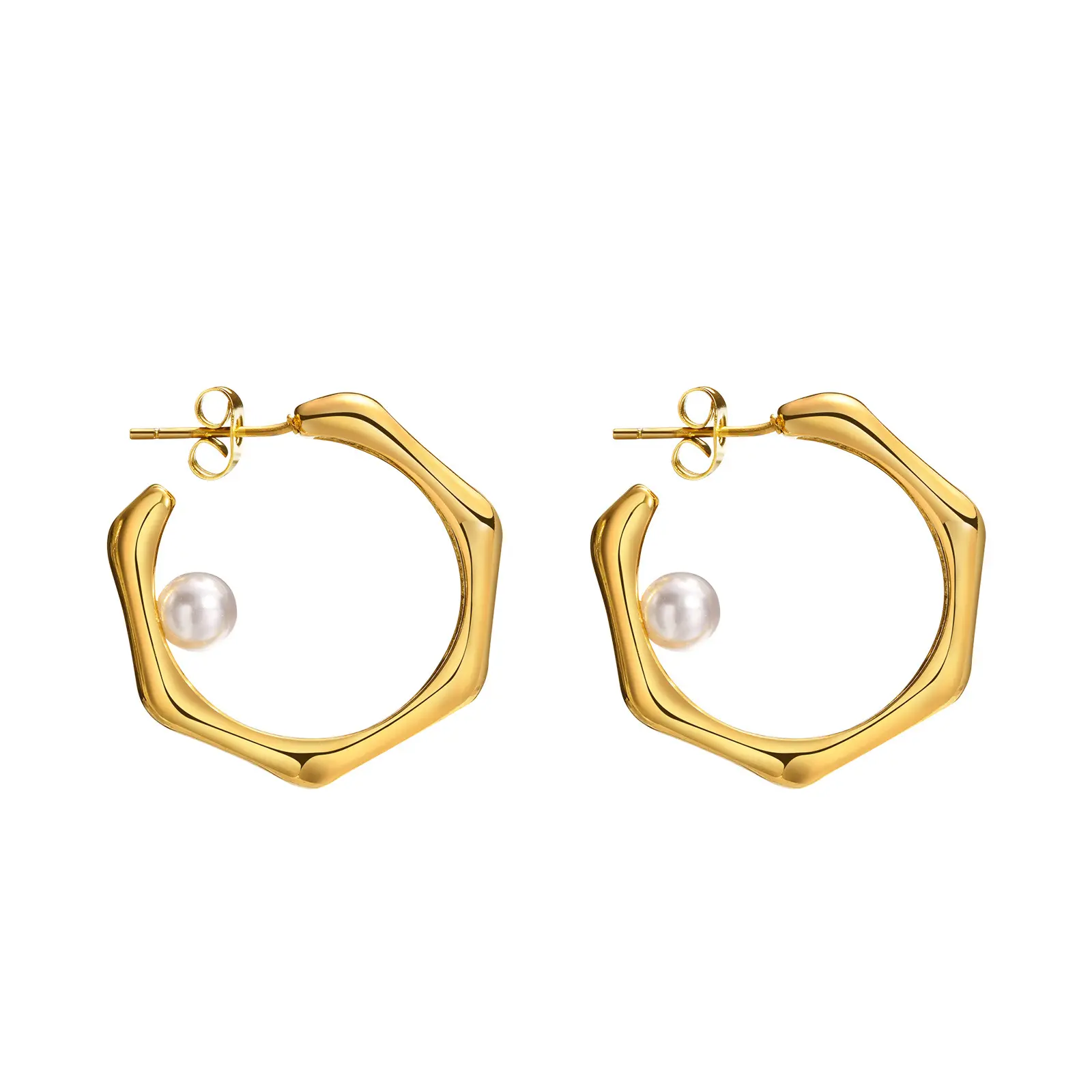 Klassischer französischer Edelstahl-Schmuck Ohrringe Bambus halber Kreis C-Form Imitation Perlen-Reifohrringe vergoldet Damen