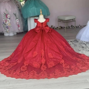 Vestido de Niña de las Flores Rojo Personalizado para Boda, con Apliques de Encaje, Perlas, Largo hasta el Suelo, Precioso Vestido de Princesa para Sesión de <span class=keywords><strong>Fotos</strong></span> de Cumpleaños - Product Image 2