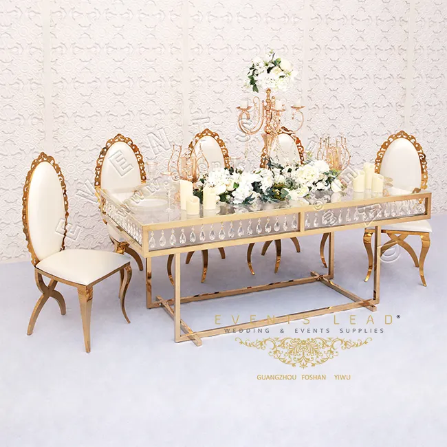 Mesa de casamento, mesa de casamento retangular de cristal dourado de luxo de aço inoxidável para eventos de casamento, decoração de jantar