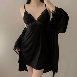 2 Pieces Modal Loungewear Set Soft Touch Cotton Nightdress Women Robe Set Sexy Two Pieces Knitted Pajamas