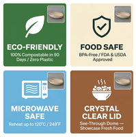 Tazón Ovalado Desechable Ecológico de Bagazo de Caña de Azúcar de 23.5x17*4cm, Contenedor de Alimentos de 850ml con Tapa Transparente de PET