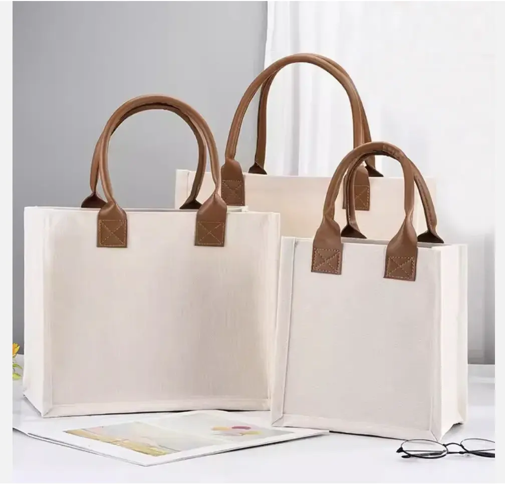 Friendly luxury Monogrammed Gift Tote Bag with brown pu handle, Personalized Design Initial Canvas Beach tote Bag for gift