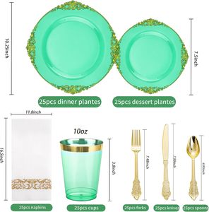 175 Pcs Clear Green Elegant Disposable Dinnerware Set Includes 10.25" Dinner &amp; 7.5" Dessert Plates, Cutlery, Napkins, Cups - Product Image 2