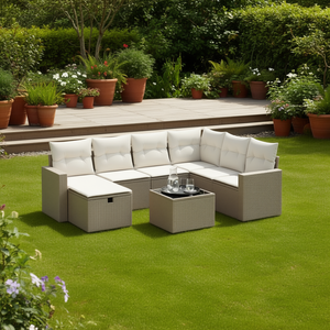 Ensemble de canapés de jardin modulaires en polyrotin beige 6 places, mobilier d'extérieur au design contemporain - Product Image 2