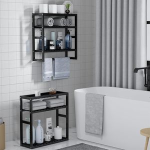Black Bamboo Bathroom Storage Rack 3 Tier <b>Wall</b> Mounted Shelf With Towel Bar Eco Friendly <b>Floating</b> <b>Shelves</b> - Product Image 5