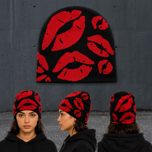 Gorro de Invierno Negro de Punto Jacquard con Estampado de Labios Rojos y Detalles de Diamantes de Imitación, Ajuste Elástico Suave, Estilo Y2K, Personalizable - Product Image 2