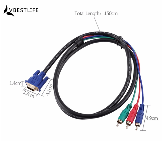 1.5M VGA Male Plug 15 pin to 3 RCA Audio AV YpbPr Cable Adapter for HDTV PC DVD Laptop