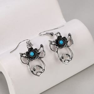 خمر الفيروز زهرة تتدلى الأقراط الفضة الماشية الأغنام خنزير الحيوان انخفاض الأقراط للنساء حزب حفلة موسيقية المجوهرات هدية - Product Image 5