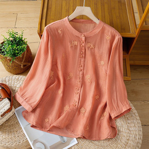 Women's Linen Shirt With Embroidered Flowers Three Quarter Sleeve Stand Up Collar Retro Loose Fit For Everyday Wear - Product Image 2