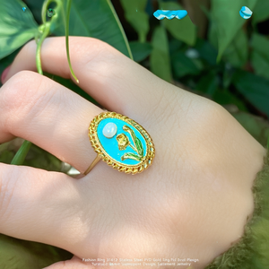 Fashion <b>Ring</b> 316L Stainless Steel PVD Gold Plating Oval Turquoise Flower Design <b>Statement</b> Jewelry - Product Image 3