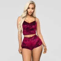 Ensemble de pyjama pour femmes en velours bleu, haut à bretelles + short, vêtements de nuit, sexy et respirant, en spandex/nylon