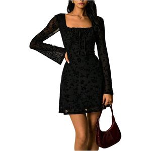 Vestido Mini Gótico Floral para Mujer con Lazo Delantero, Manga Larga de Encaje, Cuello Cuadrado y Corte A, Vestido de Fiesta Acampanado - Product Image 1